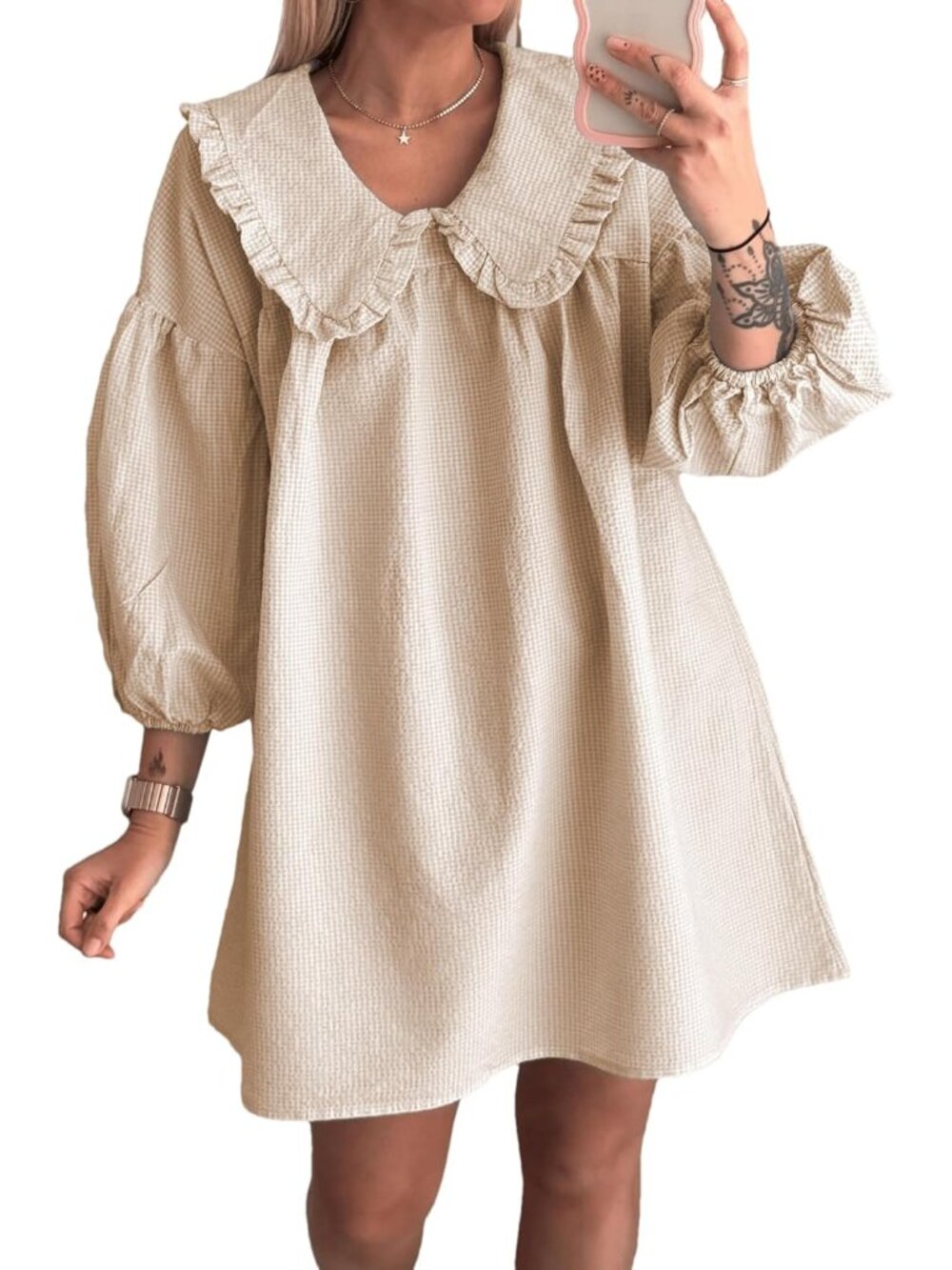 Women's Gingham Mini Dress 3/4 Puff Sleeve Babydoll Doll Collar